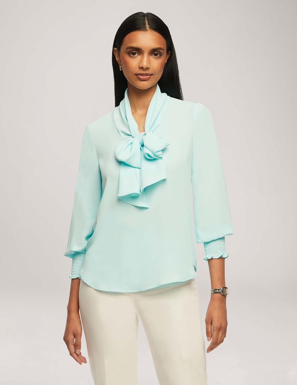 Hauts Anne Klein Smocked Cuff Bow Blouse   | DKD-9684259